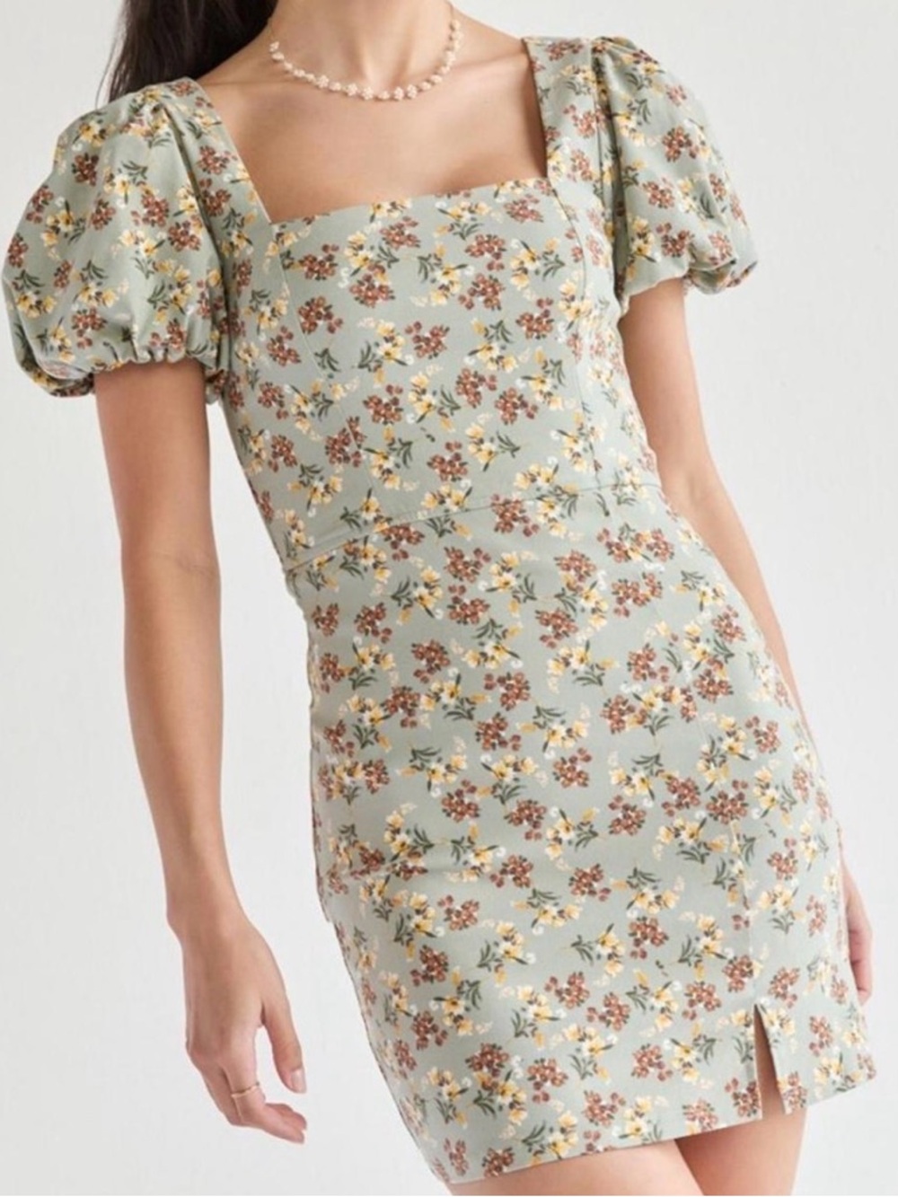 Floral Square-Neck Puff Sleeve Mini Dress - Sage